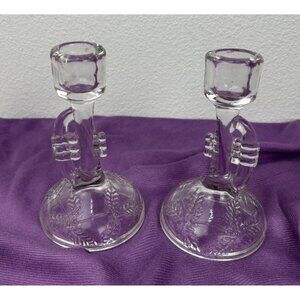 Vintage Pair Glass Taper Candle Holders Trumpet Bugle Shaped Floral Etched